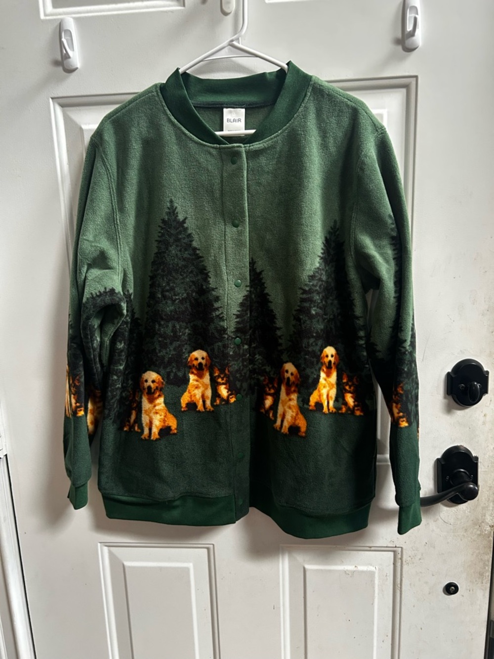 Blair Forest Green Fleece Cardigan with Golden Dog Motif Sz L